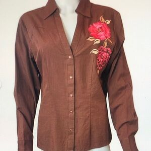 Panhandle Slim Brown Shirt with Red Floral Embroidery